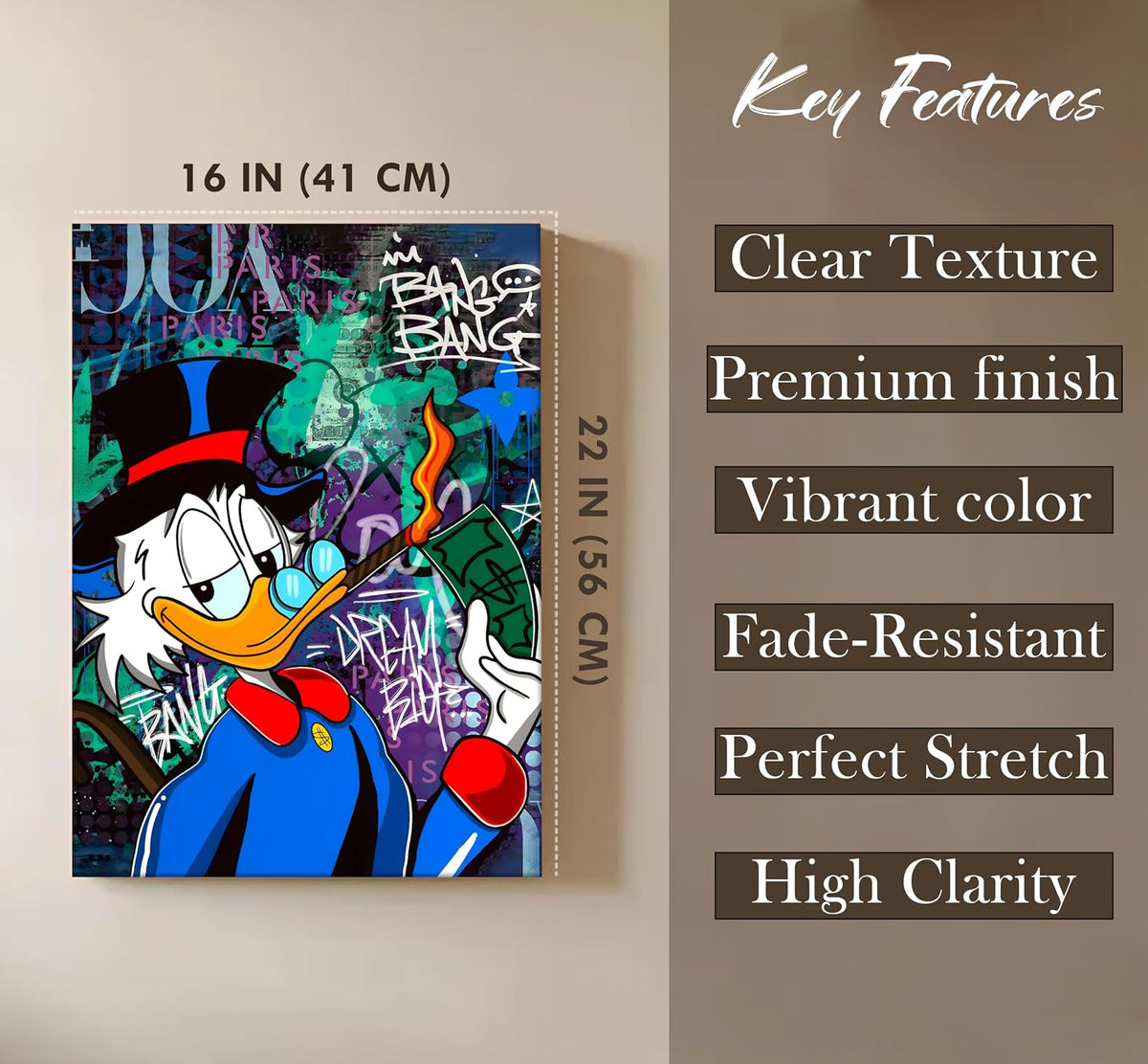 Money & Success Pop Art Canvas Print, Street Style Millionaire Duck Cash, Modern Urban Decor for Office & Man Cave, Canvas print Ready to Hang - 41x56 cm