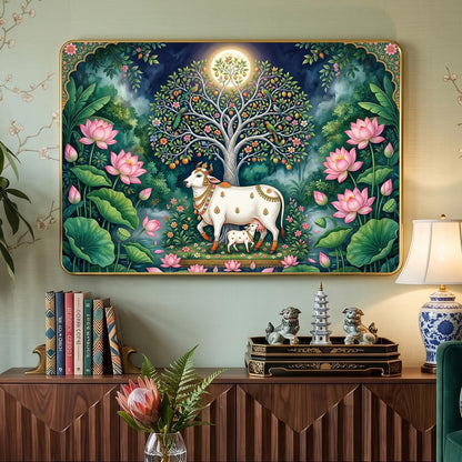 Kamdhenu Cow with Calf Under Kalpavriksha Tree Wall Painting for Living Room Bedroom | Pichwai Style Wooden Golden Stripe Framed Wall Decor (12x18 inch)