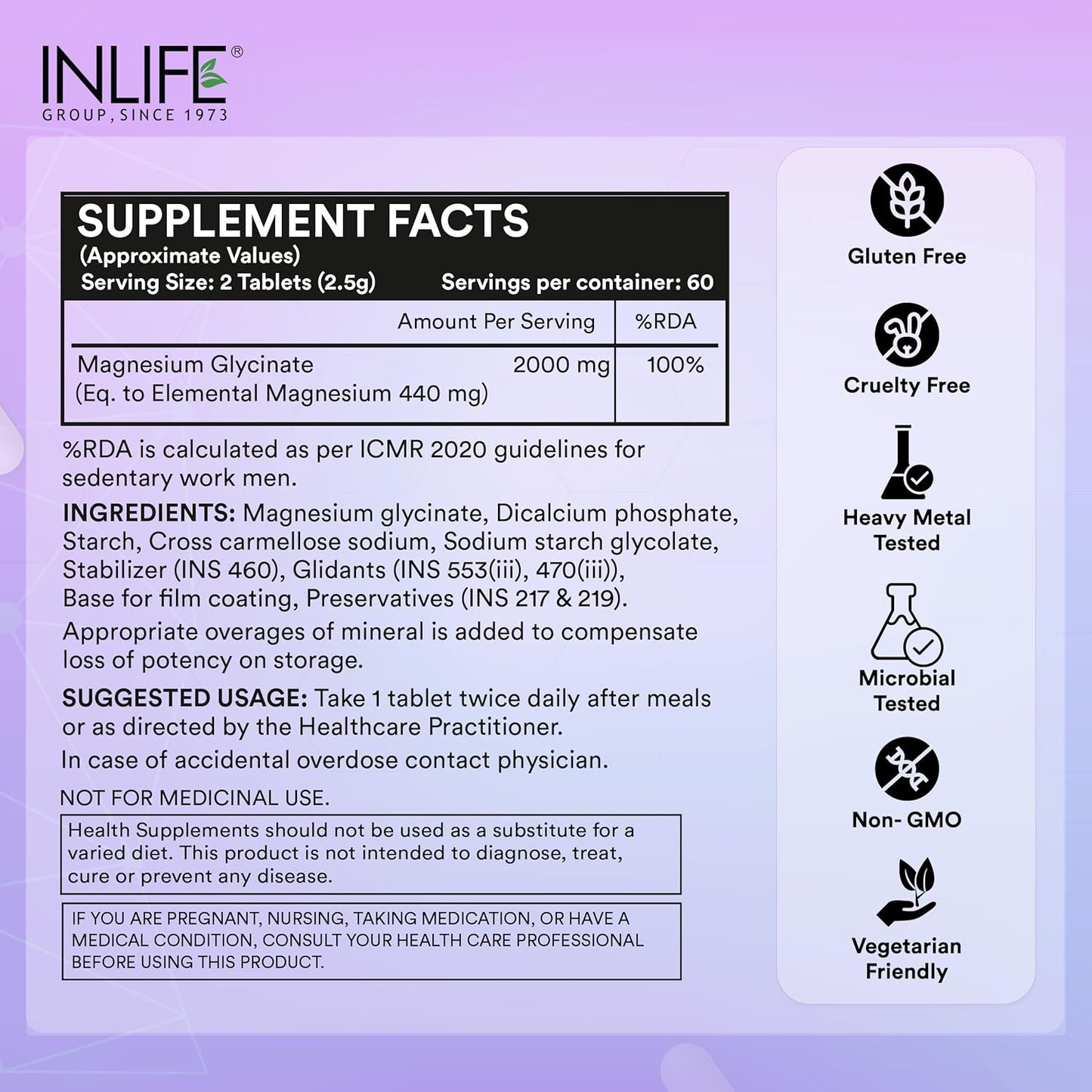 INLIFE Magnesium Glycinate 2000mg | High Absorption Formula | 22% Elemental Magnesium (440mg) | Supports Muscle, Nerve & Bone Health | For Both Men & Women| -120 Tablets (Pack of 1, 120)