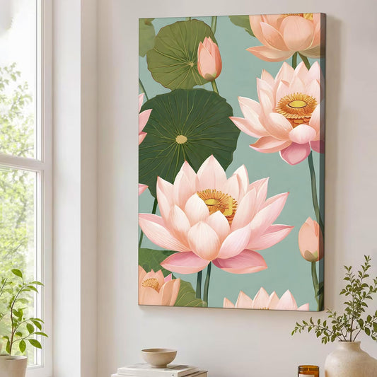 Abstract Pink Lotus Flowers Vastu Canvas Wall Art Painting For Living Room, Botanical Floral Painting, Pastel Calm Floral Wall Art for Home, Bedroom, Office (22x34 Inch)