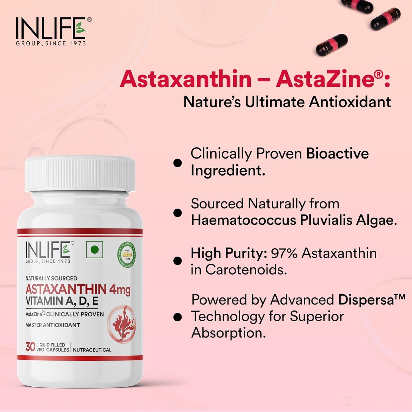 INLIFE Astaxanthin 4 mg Supplement AstaZine | Natural Antioxidant Supplement with Vitamin A, D3 & E – High Absorption Formula – 30 Liquid Filled Vegetarian Capsules