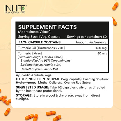 INLIFE Curcumin Capsules with Turmeric Oil | 71% Turmerones & 95% Curcuminoids | Supercritical CO₂ Extracted Oil Supplement | Immune Support & Joint Health – 60 Liquid Filled Vegetarian Capsules