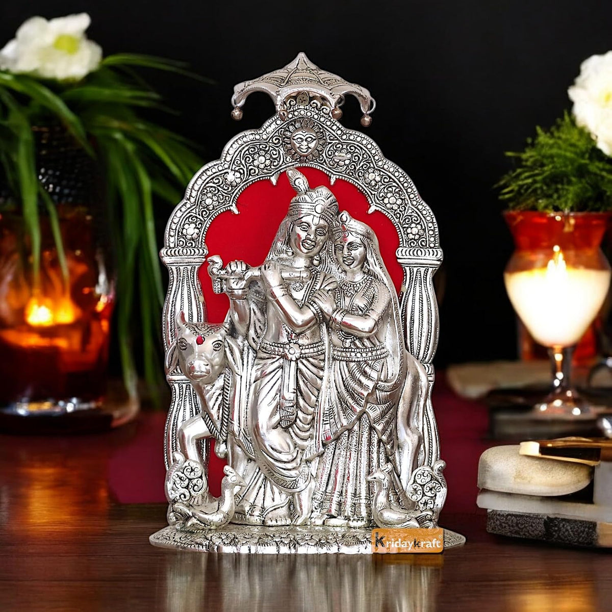 KridayKraft Metal Radha Krishna Idol with Cow Decorative Showpiece Statue for Puja Room Home Office Desk Gift Items Ornate Metal Sculpture of Hindu Deities (Silver, Height 33 CM)