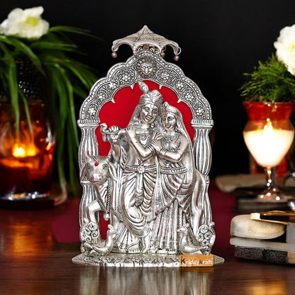 KridayKraft Metal Radha Krishna Idol with Cow Decorative Showpiece Statue for Puja Room Home Office Desk Gift Items Ornate Metal Sculpture of Hindu Deities (Silver, Height 33 CM)
