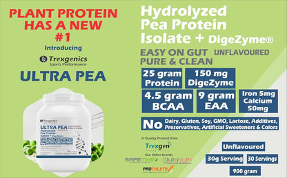Trexgenics ULTRA PEA Hydrolyzed Pea Protein ISOLATE UNFLAVOURED, 30 Servings, Easy on Gut, Pure & Clean 25gm PROTEIN, 4.5 gm BCAA, 9 gm EAA with DigeZyme Digestive enzyme Complex, Muscle Growth (900 gram)