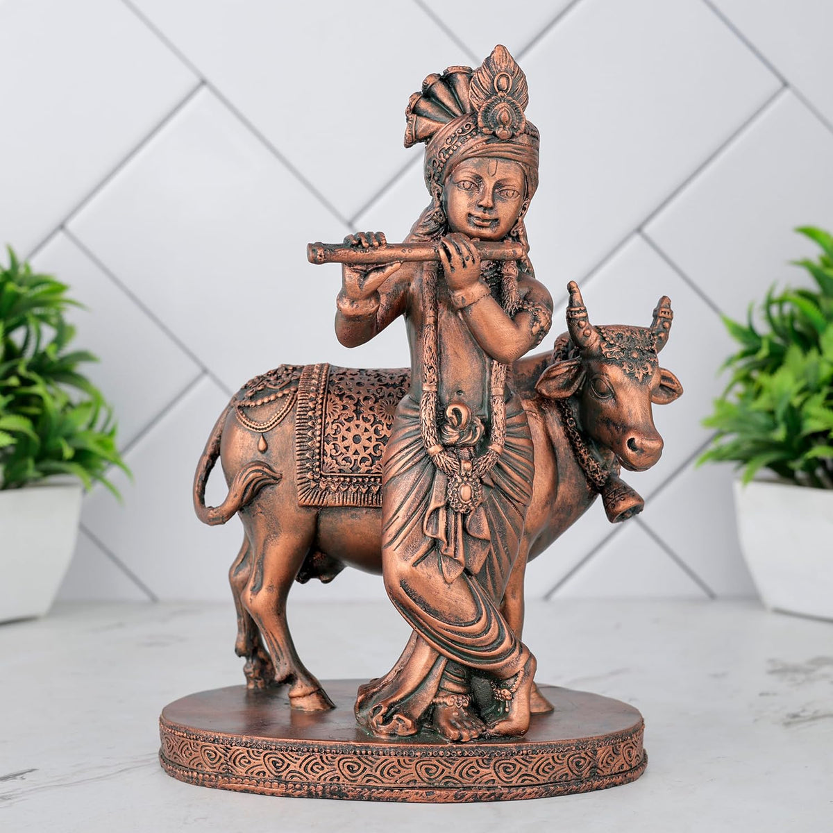 Krishna Cow Idol Statue Showpiece for Pooja Home Decor Items for Living Room and Gifts (Antique Copper)