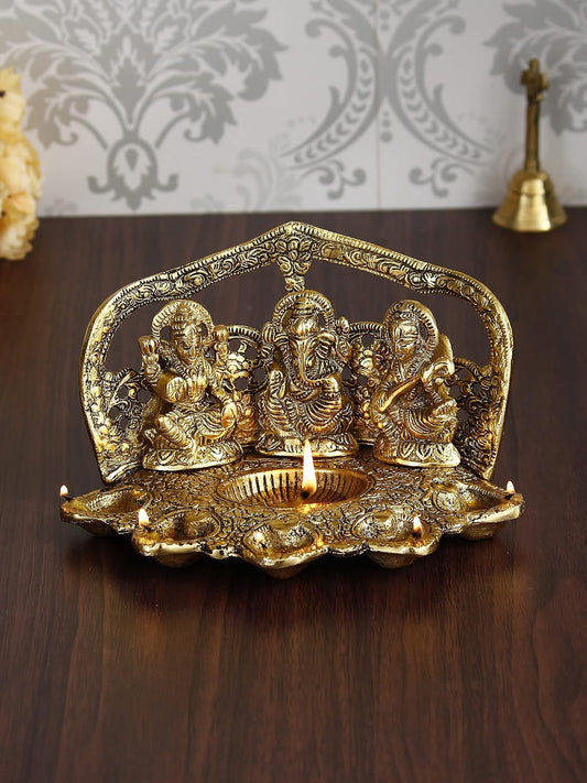 Laxmi Ganesha Saraswati with Diya for 6 Wicks Handcrafted Metal Decorative Showpiece,Gold