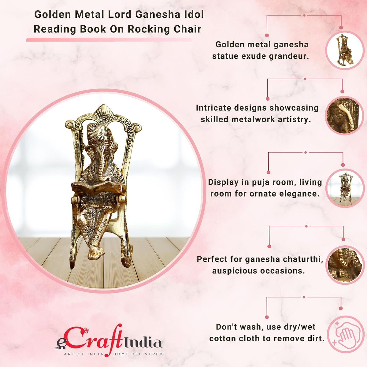 Golden Metal Lord Ganesha Idol Reading Book On Rocking Chair - Decorative Hindu God Statue for Home Decor - Gift for Diwali, Housewarming - Ideal for Living Room, Office, Study Areas