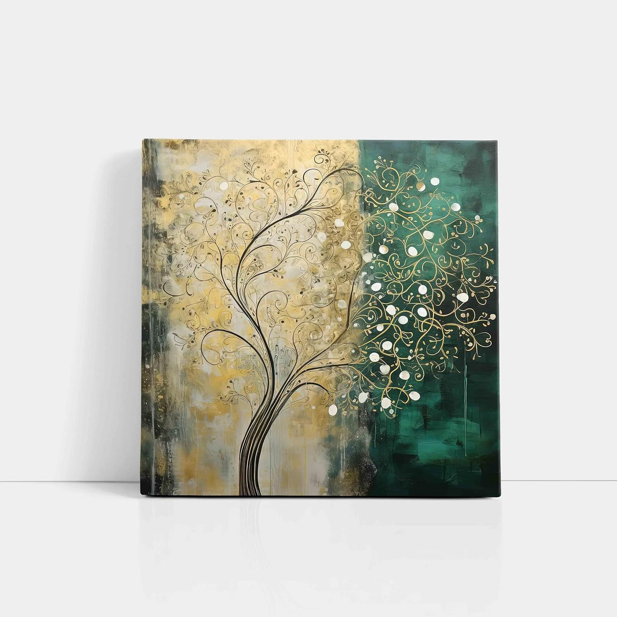 Abstract Tree Wall Art Canvas, Teal and Gold Botanical Painting, Modern Home Decor, 2-Tone Design 16 Inch x 16 Inch CVS-38116