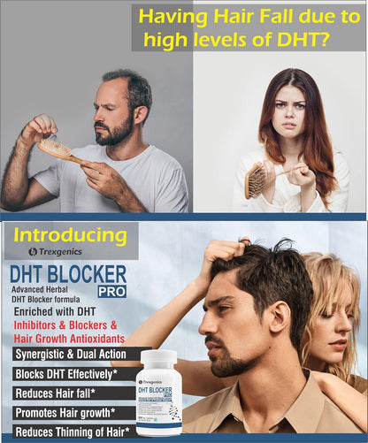 Advertisement for DHT Blocker Pro with images of people dealing with hair loss and a product bottle.