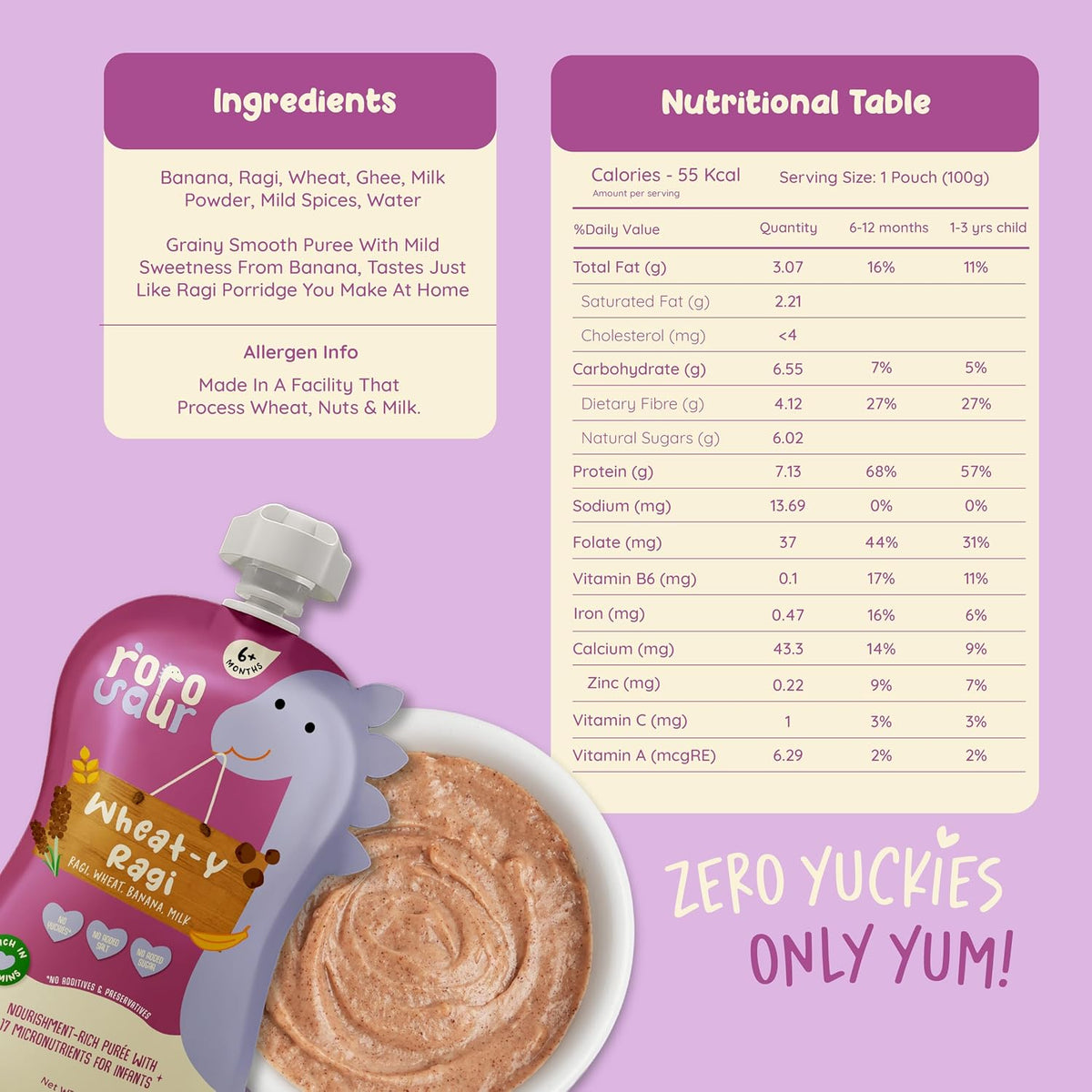 Rorosaur Ready to Eat Wheaty Ragi Baby Food Puree Pouch 100g each, Pk of 2 | Made with Ragi, Wheat, Banana Porridge for 6+ Months Baby | Easy to Digest, 100% Natural Healthy, No Preservatives, No Sugar