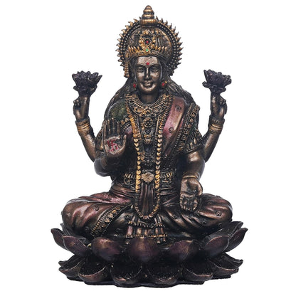 Brown Resin Handcrafted Goddess Laxmi Idol Sitting on Lotus| Blessing Lakshmi Statue| Goddess Lakshmi Devi Idol for Home Office| Laxmi Murti for Diwali Pooja| Diwali Gift
