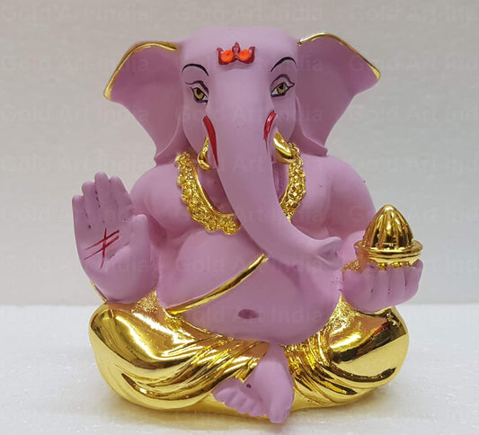 Gold Art India Gold Plated Polyresin Appu Pink Ganesh Idol for Car Dashboard Small Ganesha Murti Ganpati Idol for Home Decor Puja Lord Ganesh Statue Gift for Office Desk Puja Room Figurine