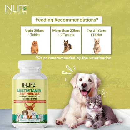 INLIFE Multivitamin for Dog Cat & Pets | Ginseng, Prebiotic & Probiotic Vitamin B12, C, D, E, Zinc & Biotin Supplement for Healthy Growth, Skin & Coat, Immune Support Supplement - 60 Tablets