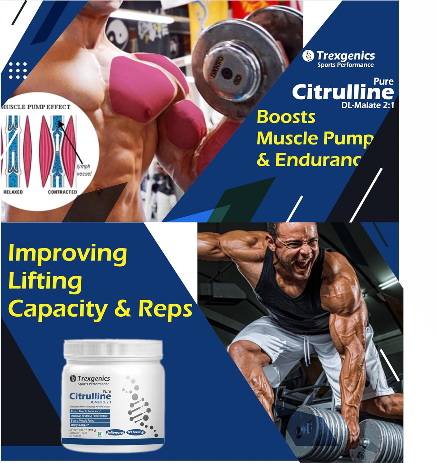 Promotional graphic for Trexigenics Citrulline supplement with images of a muscular person lifting weights and text about muscle pump and endurance.