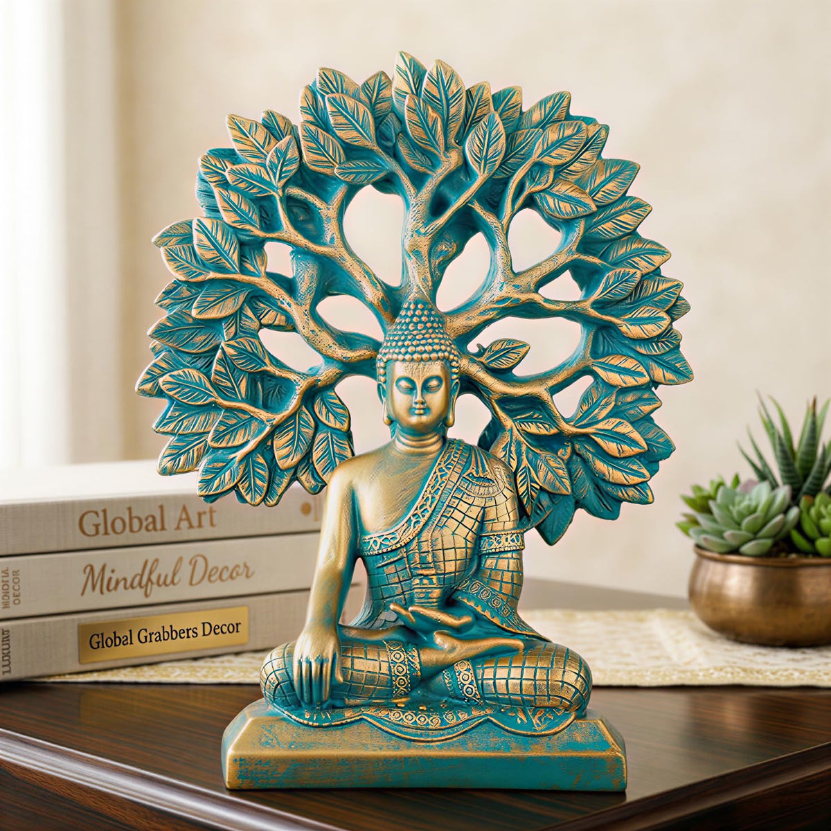 Global Grabbers Buddha Statue Showpiece Idol Home Decor Decoration Items for Living Room and Gifts (Antique Golden Blue)