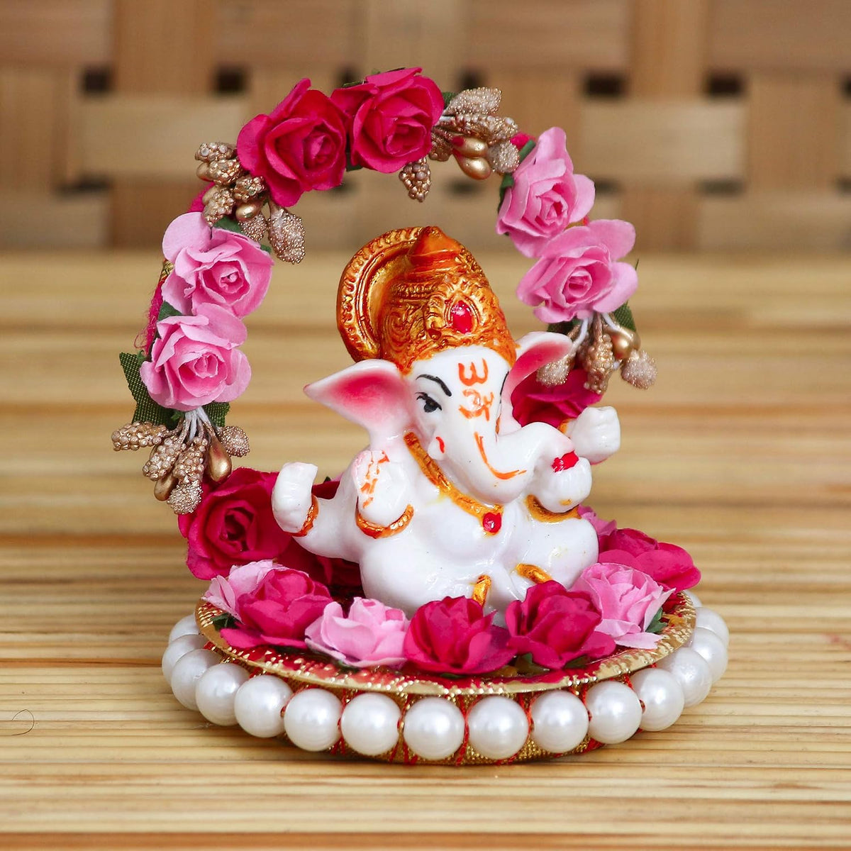 Lord Ganesha Idol on Decorative Handcrafted Plate with Throne of Pink and Red Flowers