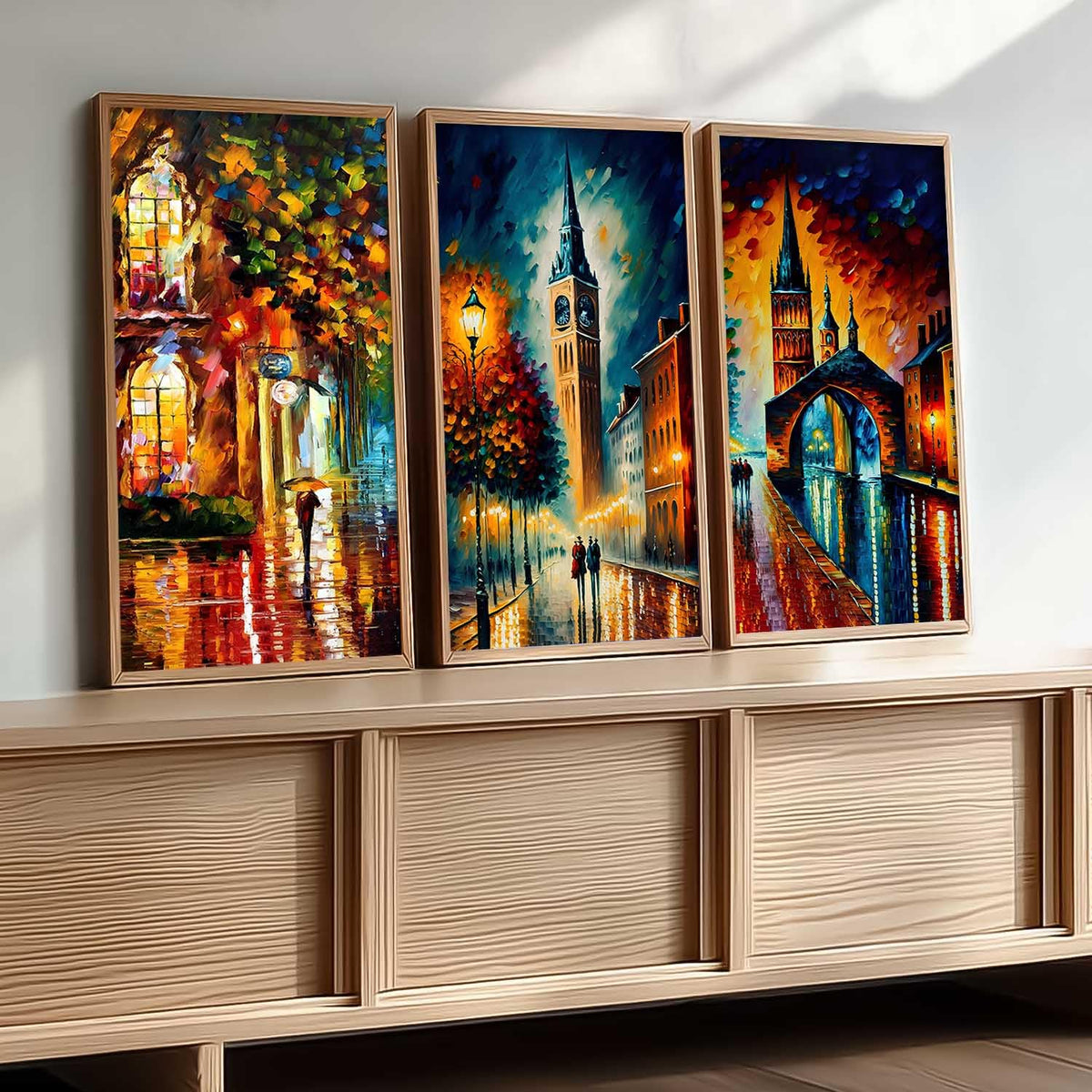 City View Decorative Modern Wall Art Print With Frame Abstract Paintings For Living Room Bed Room Hotel Wall Decor Digital Reprint Engineered Wood Set of 3 (Art 5, 10x19 inch)