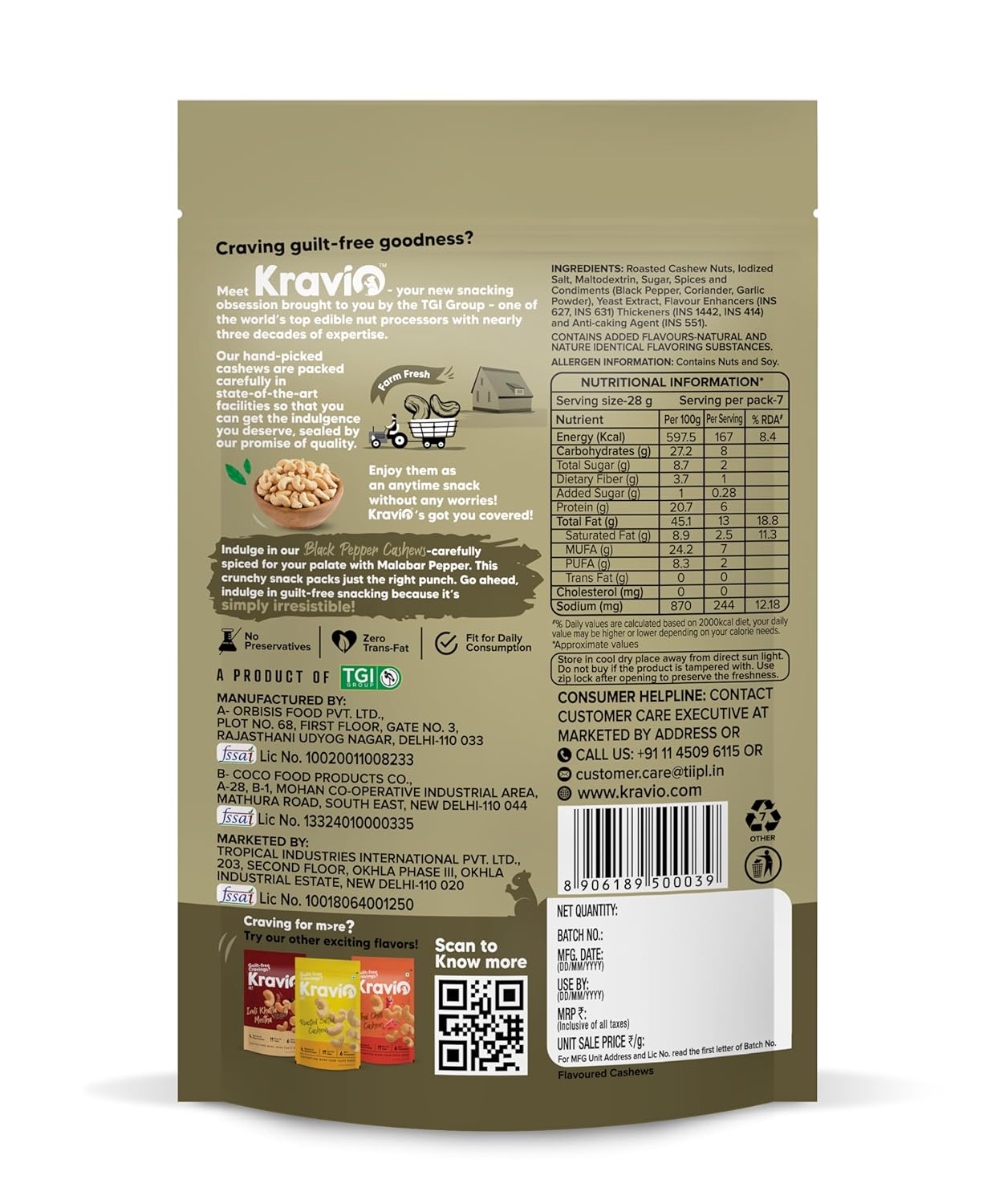 Kravio Premium Black Pepper Roasted Cashew Nuts | Exotic Heat Kaju - 200g