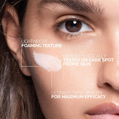 Close-up of a woman's face with text highlighting product features