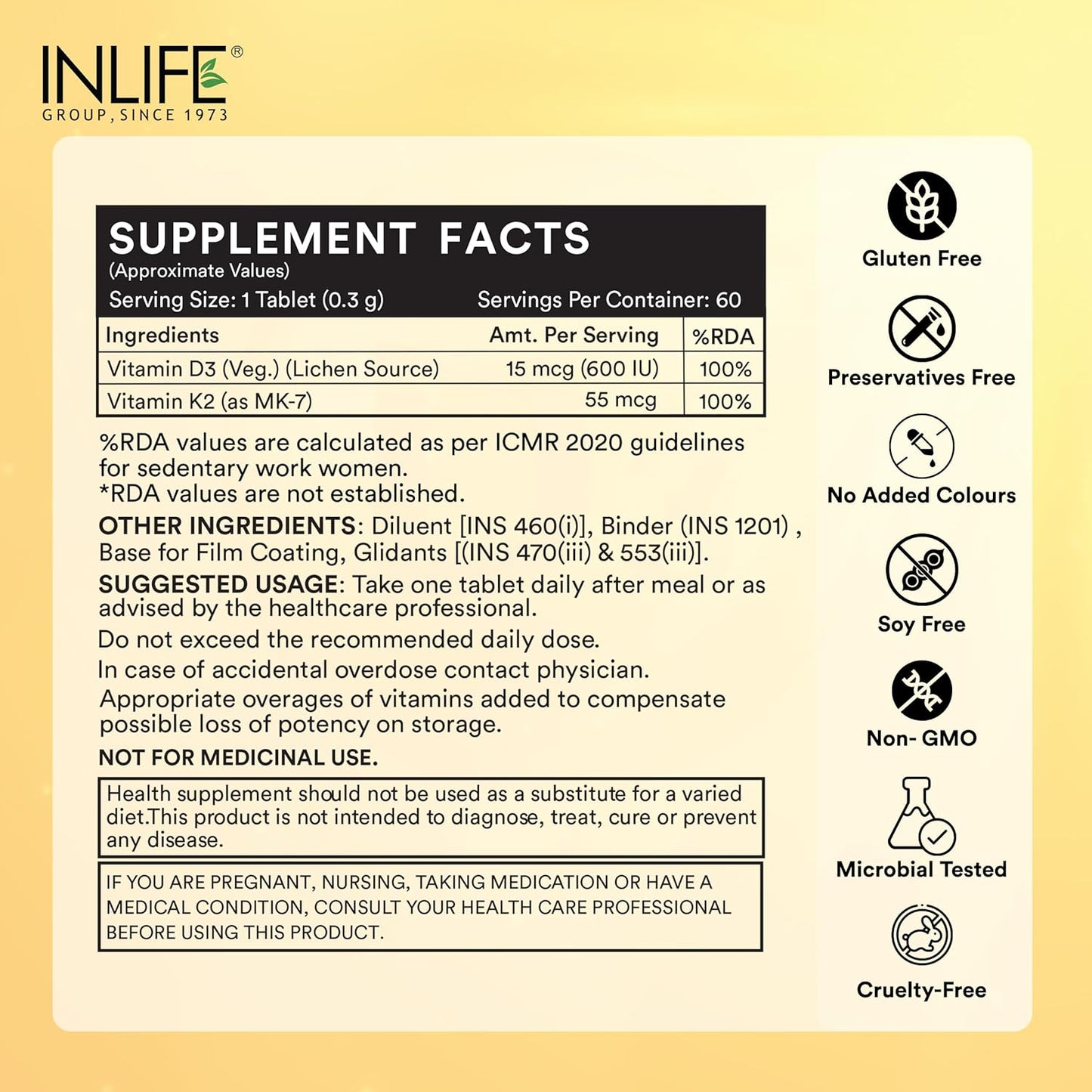 INLIFE Vitamin D3 K2 Supplement | Derived from Lichen (Plant Based) & Vitamin K2 (MK7) | Supports Bone, Teeth, Heart, Immunity, Mood, Strength, Recovery | For Men & Women - 60 Vegetarian Tablets