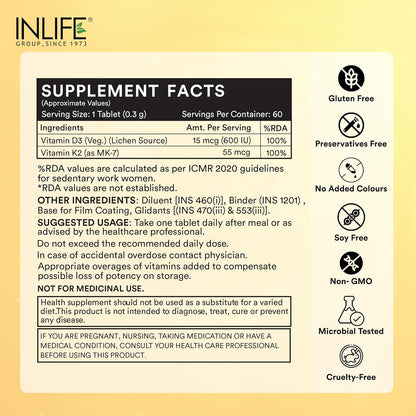 INLIFE Vitamin D3 K2 Supplement | Derived from Lichen (Plant Based) & Vitamin K2 (MK7) | Supports Bone, Teeth, Heart, Immunity, Mood, Strength, Recovery | For Men & Women - 60 Vegetarian Tablets