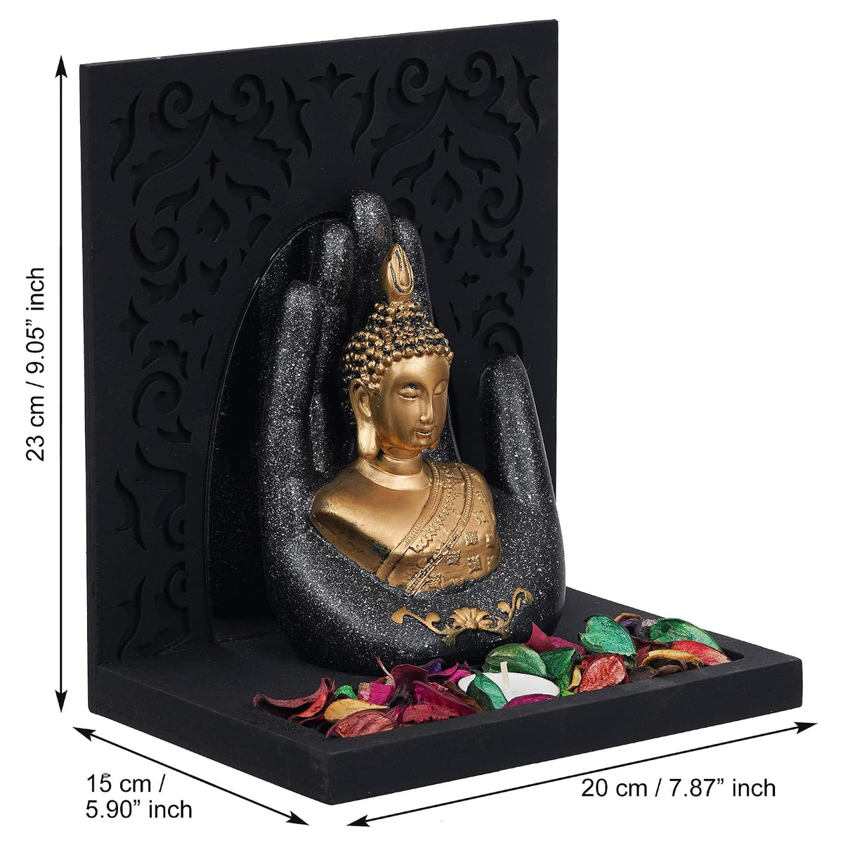 eCraftIndia Grey Golden Resin Palm Lord Buddha Idol Tea Light Candle Holder| Gautam Buddha Statue Tea Light Holder Diwali Decoration Items for Home Decor| Buddha Showpiece Gift for Diwali Housewarming