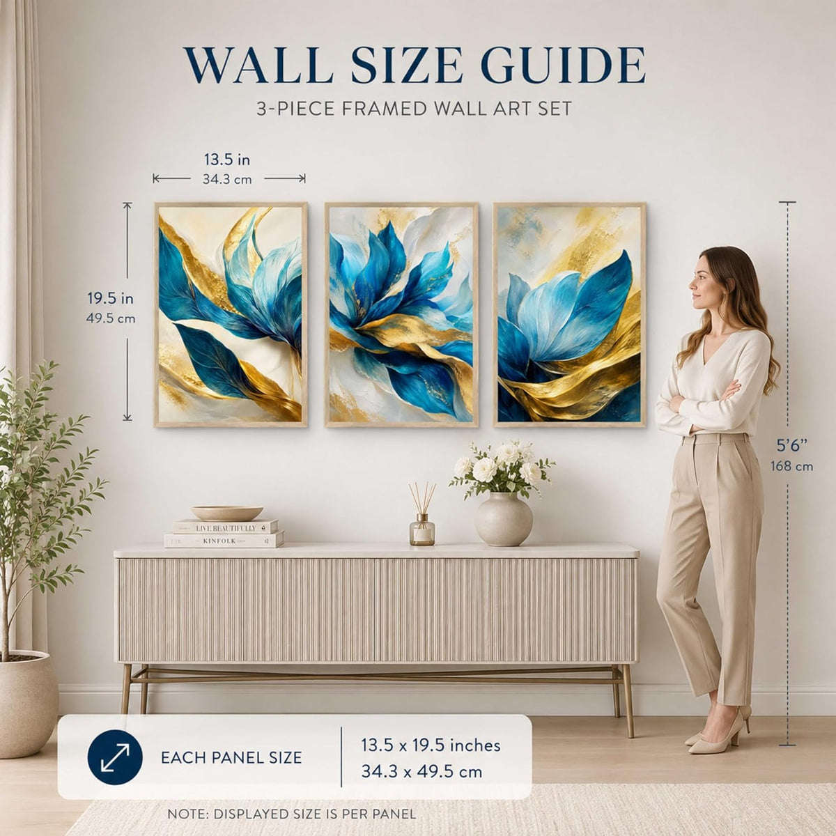 Blue Gold Floral Leaf Wall Painting Set of 3 for Kids Room Bedroom Living Room Hall Decor, Abstract Botanical Art, Premium Wooden Synthetic Frame (13.5 x 19.5) NM03-152