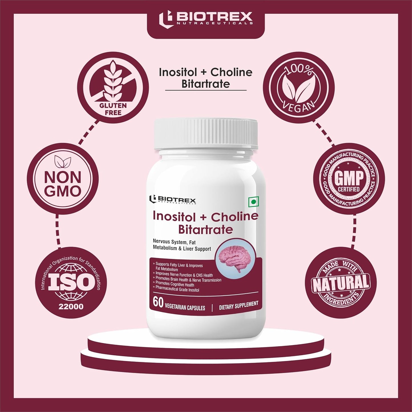 Biotrex Nutraceuticals Myo Inositol & Choline Bitartrate 750mg Complex, Healthy Brain & Nervous System, 99% High Purity Grade Inositol - 60 Vegetarian Capsules