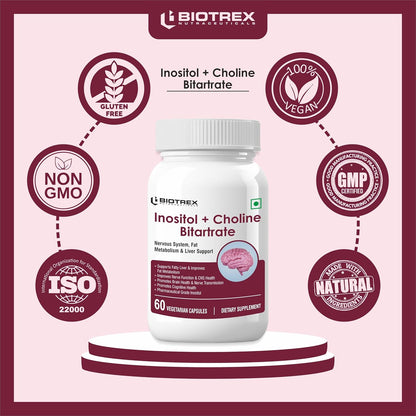 Biotrex Nutraceuticals Myo Inositol & Choline Bitartrate 750mg Complex, Healthy Brain & Nervous System, 99% High Purity Grade Inositol - 60 Vegetarian Capsules