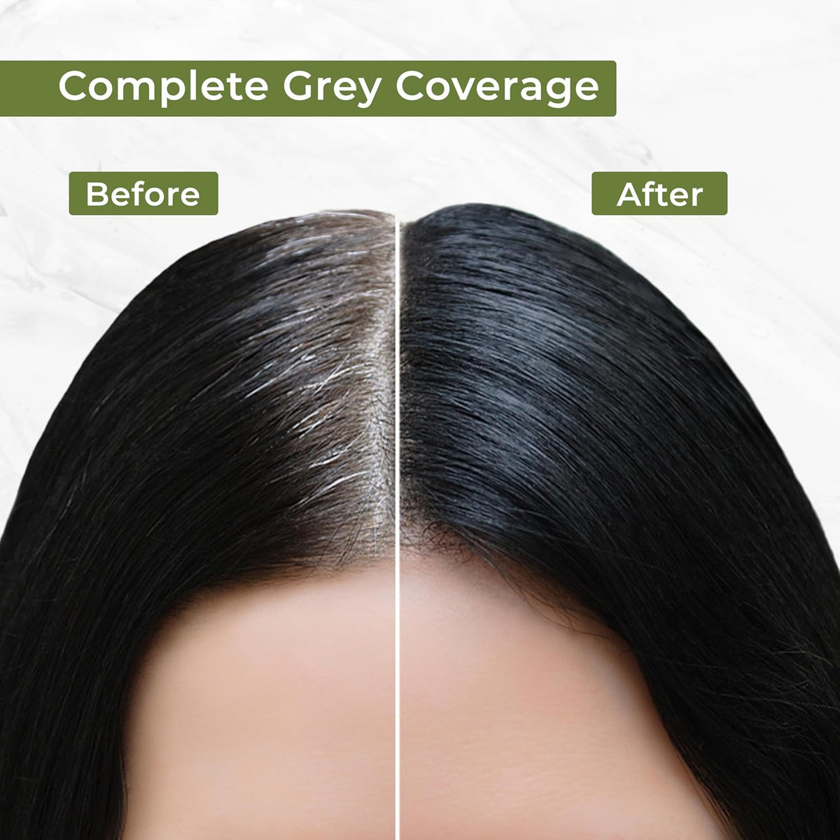 Before and after comparison of hair with complete grey coverage treatment.