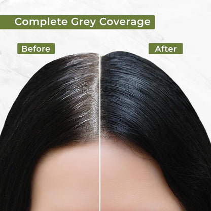 Before and after comparison of hair with complete grey coverage treatment.