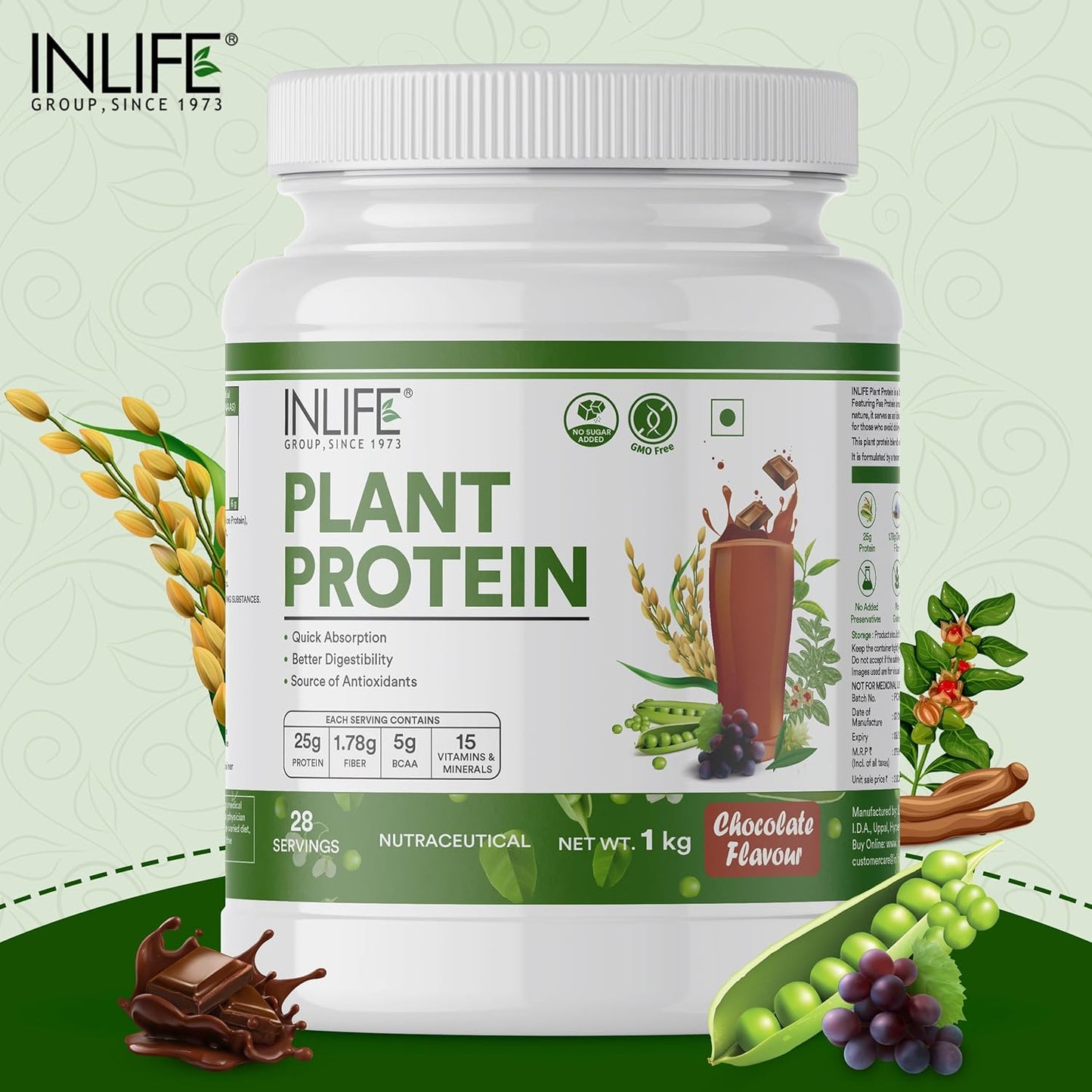 INLIFE Plant Protein Powder - Pea, Quinoa & Brown Rice - 25g Protein - Ashwagandha, Green Tea & Grape Seed Extract - Digestive Enzymes Bodybuilding Supplement (1kg, Chocolate)