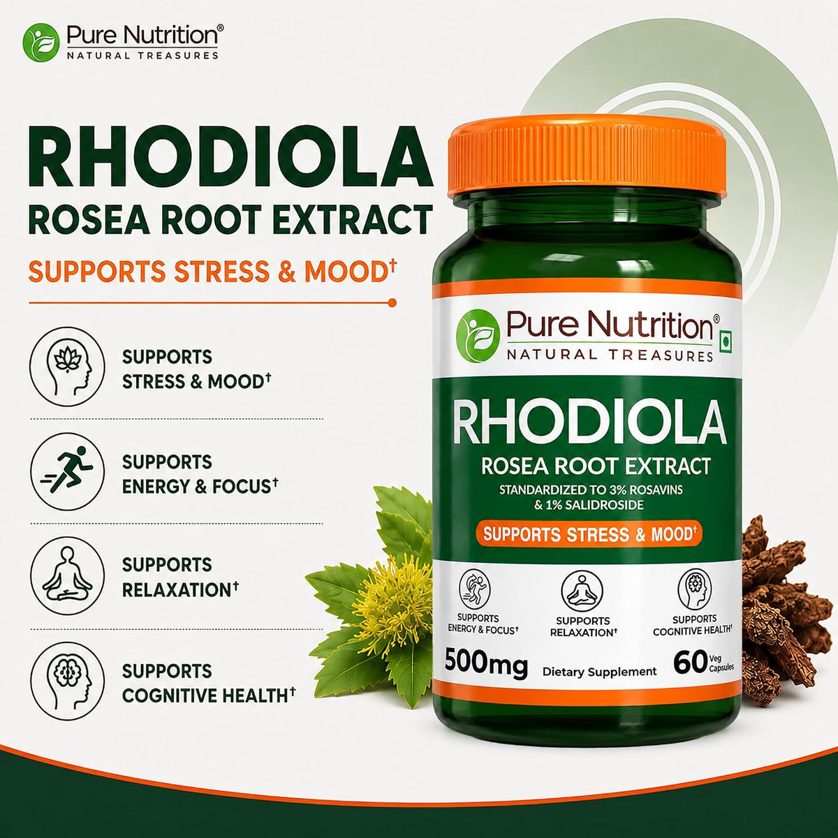 Pure Nutrition Rhodiola Rosea Root Extract (500mg) - 60 Veg Capsules | Standardized to 3% Rosavins & 1% Salidroside | Supports Energy, Focus, Relaxation & Cognitive Health