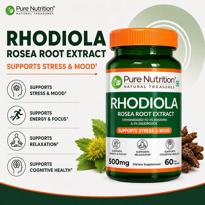 Pure Nutrition Rhodiola Rosea Root Extract (500mg) - 60 Veg Capsules | Standardized to 3% Rosavins & 1% Salidroside | Supports Energy, Focus, Relaxation & Cognitive Health