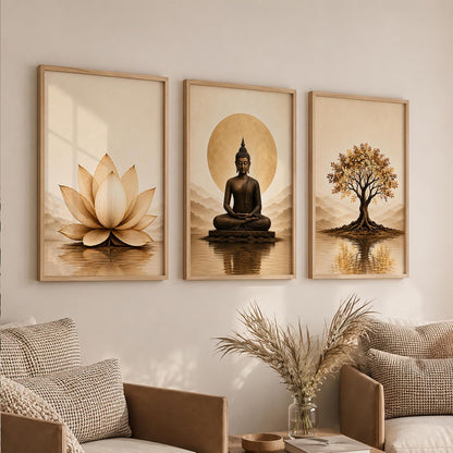 Wooden Frame Buddha Wall Art Set of 3, 13x19 Inches, for Meditation, Home, Bedroom, Office, and Spiritual Decor