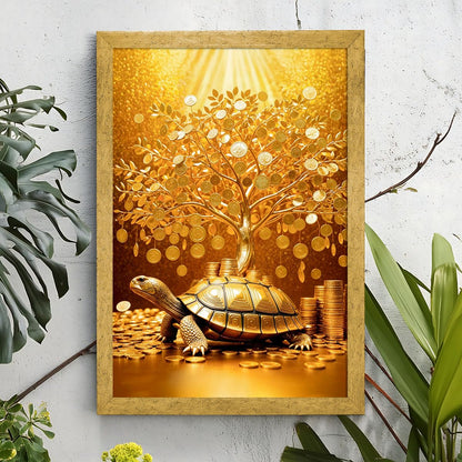 Money Tree Painting For Vastu, Golden Money Tree Frame For Wall, 12.0 x 18.0 inch, Multicolorm, Set of 1
