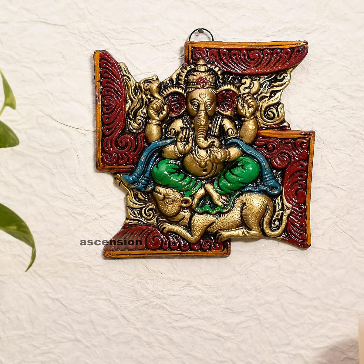 Metal Swastik Ganesh Ji Statue Religious Idol Wall Hanging Ganesh Home Decor Show Piece (Gold)
