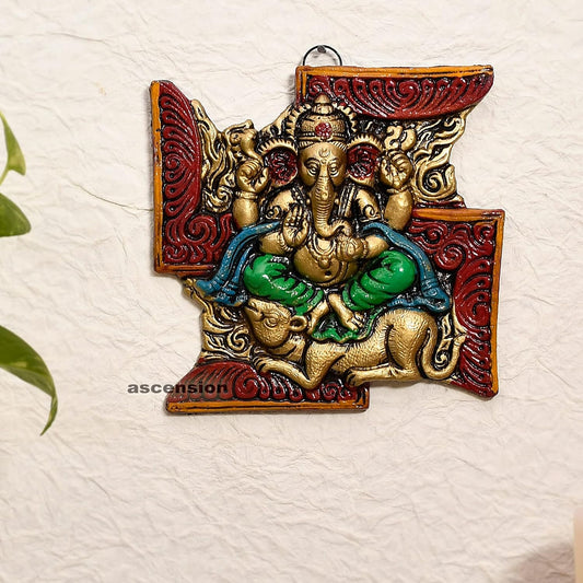Metal Swastik Ganesh Ji Statue Religious Idol Wall Hanging Ganesh Home Decor Show Piece (Gold)