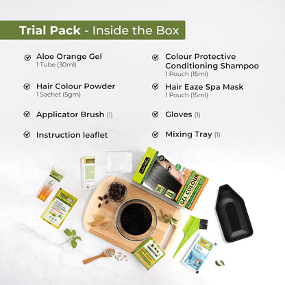 Trial pack contents with aloe orange gel, hair color powder, applicator brush, and other items on a white background.