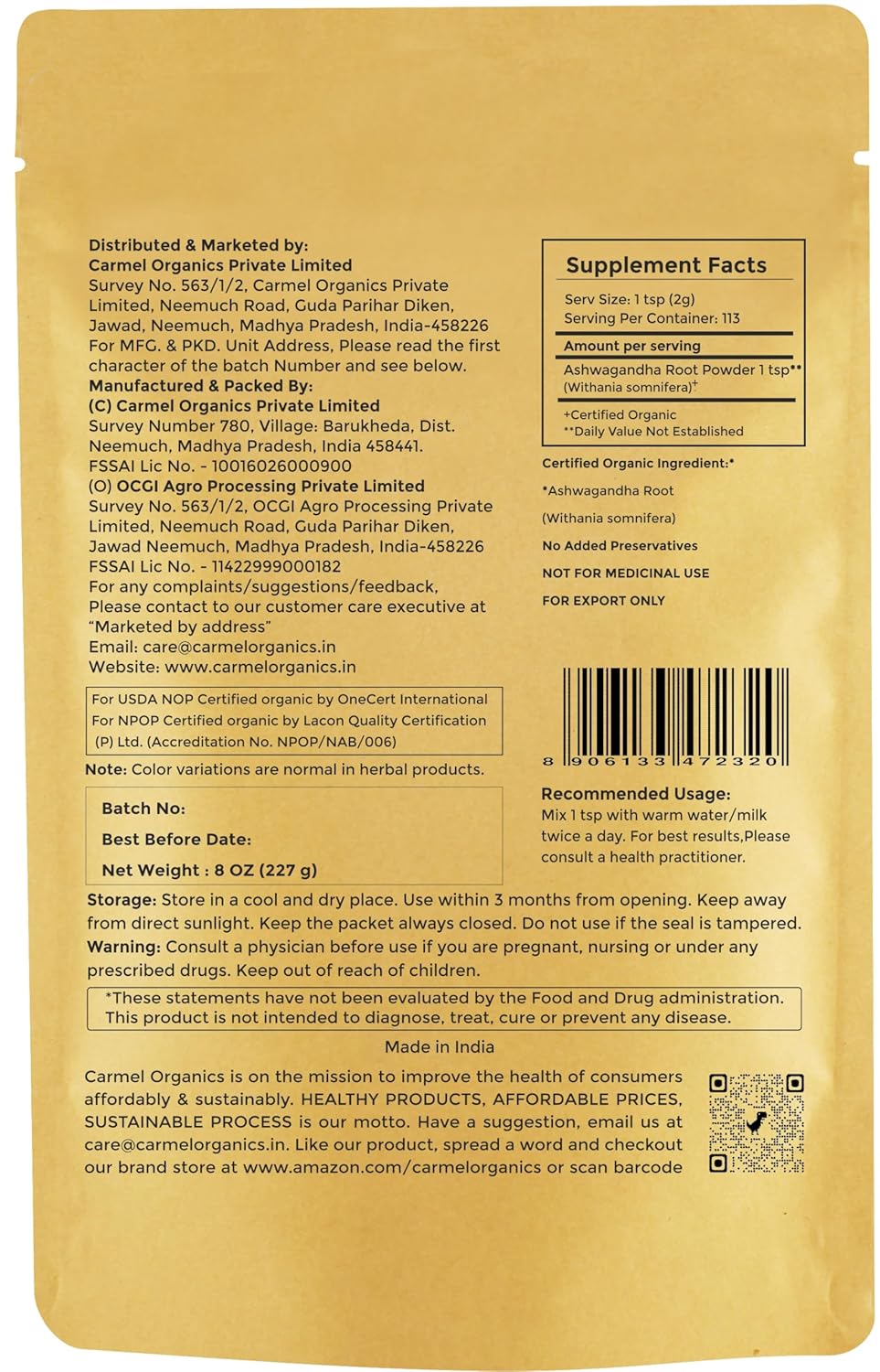 Back of a supplement package with text and a barcode on a yellow background