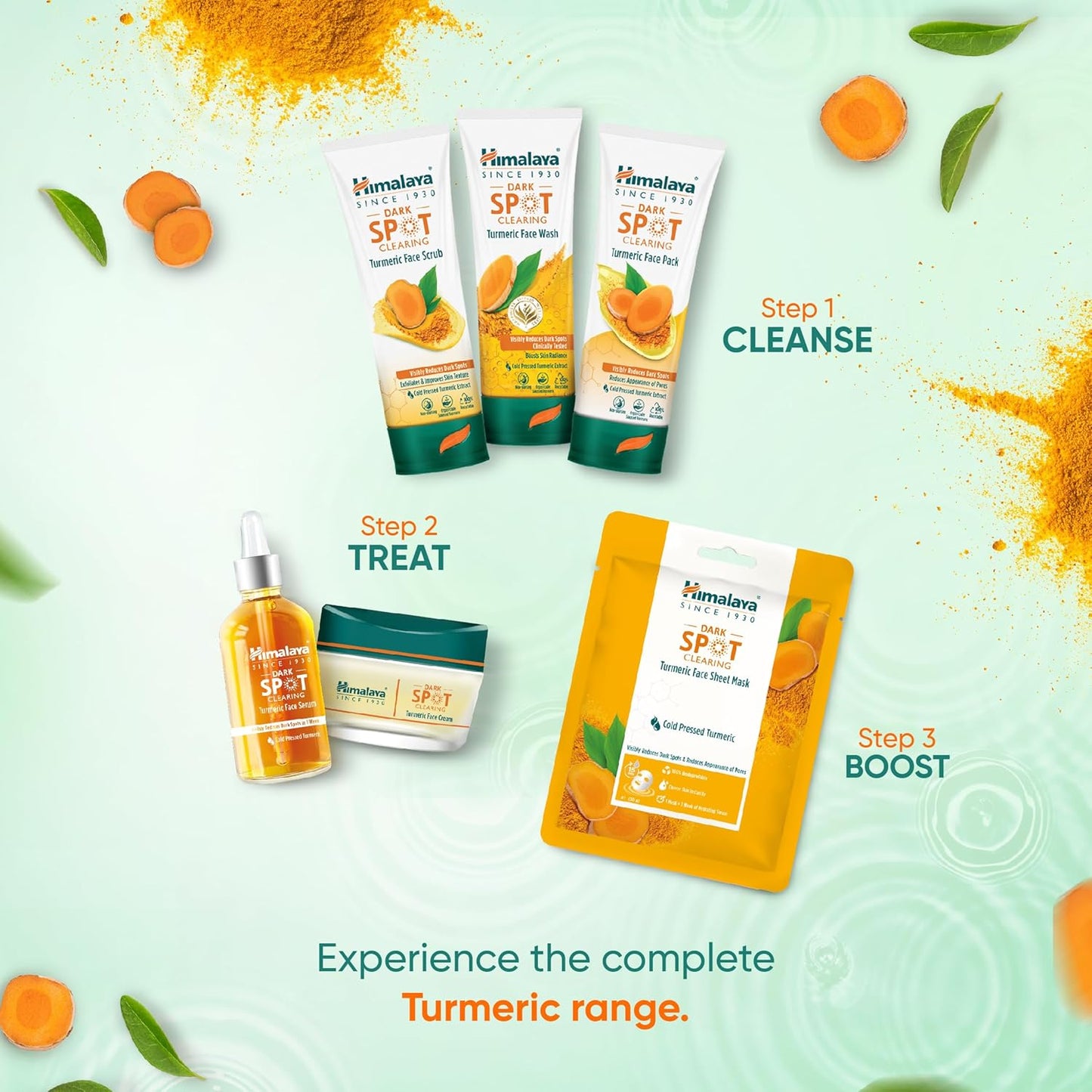 Himalaya Herbals Spot Treatment skincare products on a green background with turmeric and apricot elements.