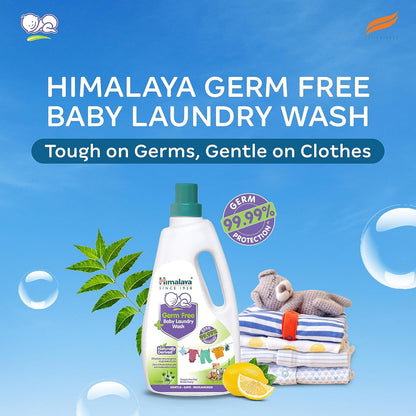 Himalaya Germ Free Baby Laundry Wash advertisement with product and text on a blue background