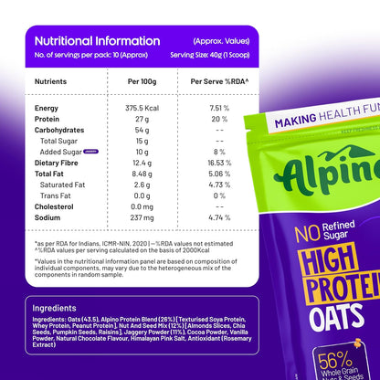 ALPINO 27g High Protein Oats Dark Chocolate- Rolled Oats, Protein Blend, Jaggery Powder, Cocoa Powder, Nuts & Seeds - Source of Dietary Fibre & Healthy Fats, No Refined Sugar & Salt