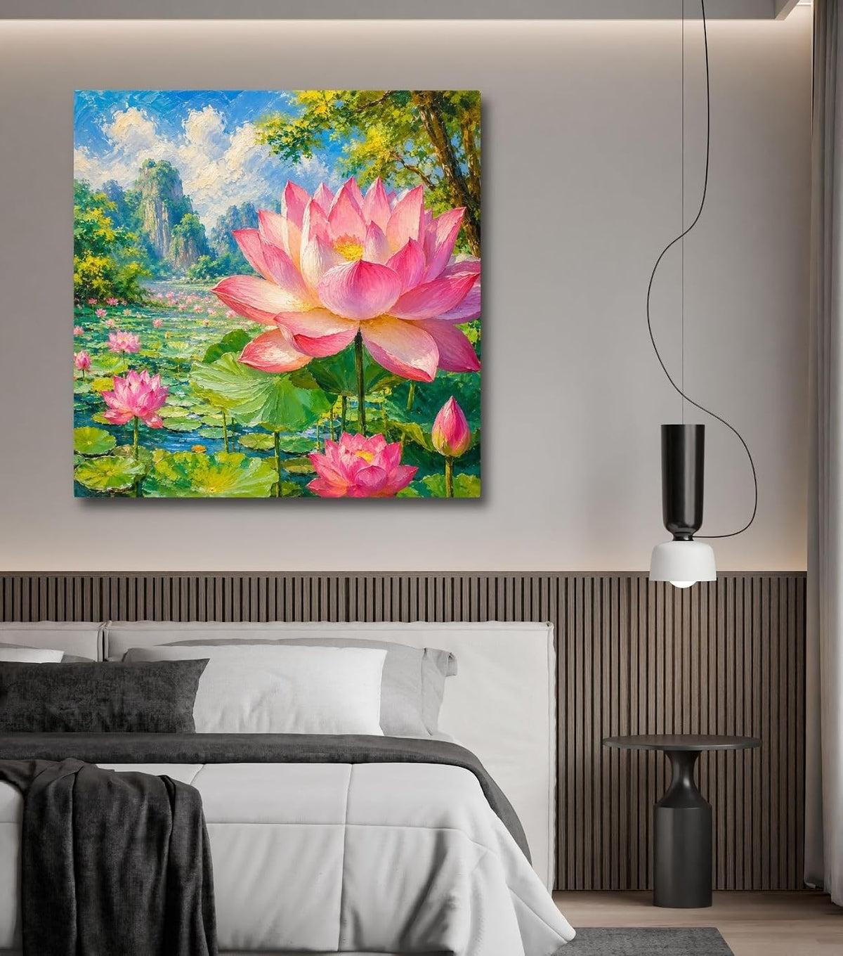 Lotus Flower Painting for Wall Vastu (15+ DESIGNS) Framed Lotus Canvas Painting for Living Room, Bedroom | Nature Floral Wall Art with Multiple Design Variations (Two Lotus, 18x18 Inch, Framed)