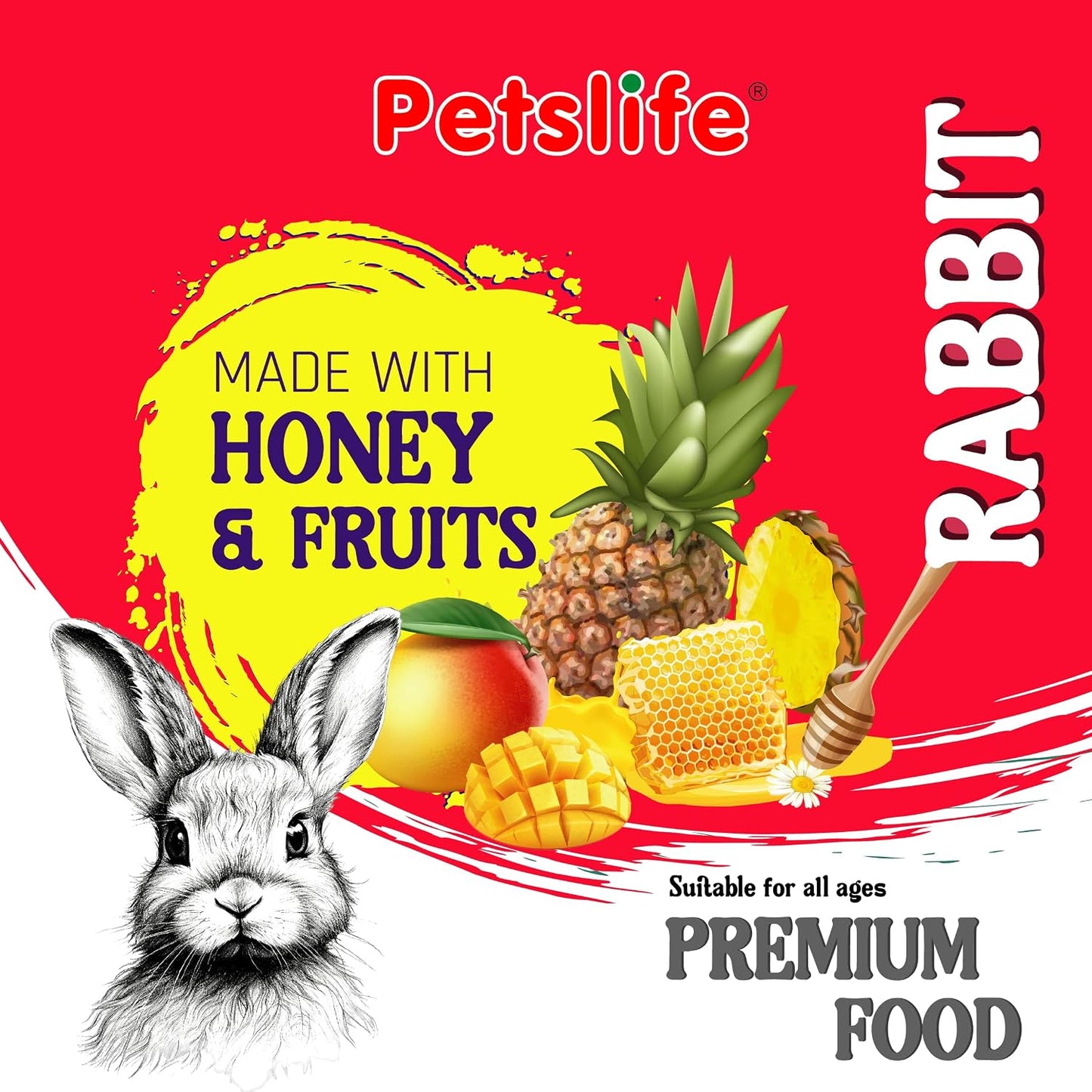 Petslife Premium Rabbit Food 1kg, High Protien Added with Fiber & Essential Nutrients Pellet Food, Balanced Nutrition Diet for Small & Adult Bunnies, Suitable for All Ages., Honey & Fruits Flavour