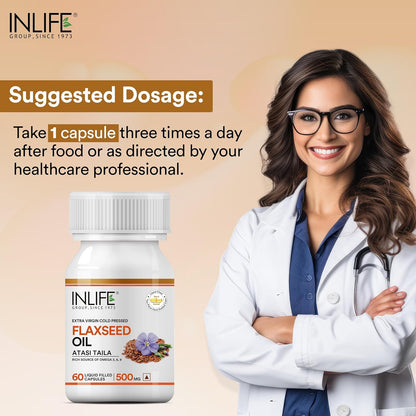INLIFE Flaxseed Oil Omega 3 6 9 Fatty Acid Supplement - Extra Virgin Cold Pressed 500 mg - 60 Capsules