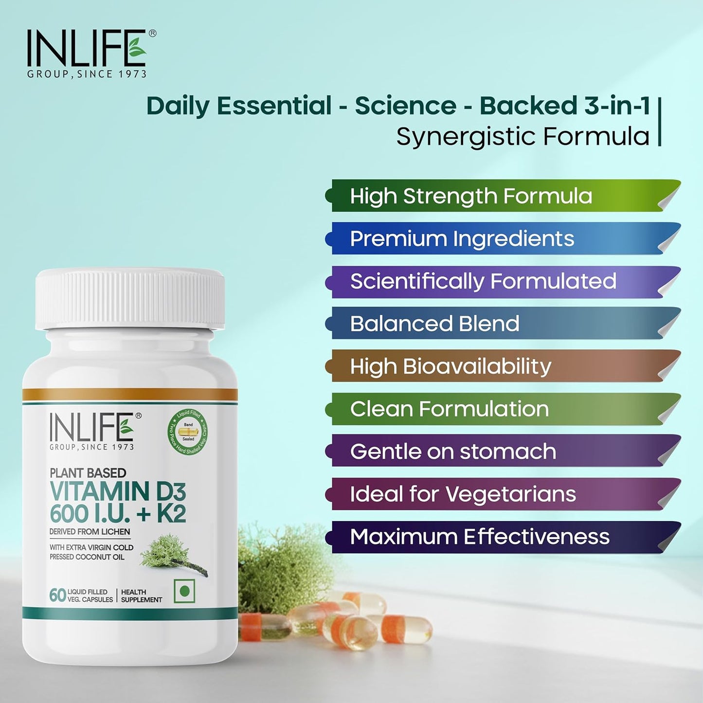 INLIFE Plant Based Vitamin D3 K2 Supplement from Lichen Source with Extra Virgin Cold Pressed Coconut Oil for Bone Health & Immune Support, 600 IU - 60 Vegetarian Capsules (Pack of 1)