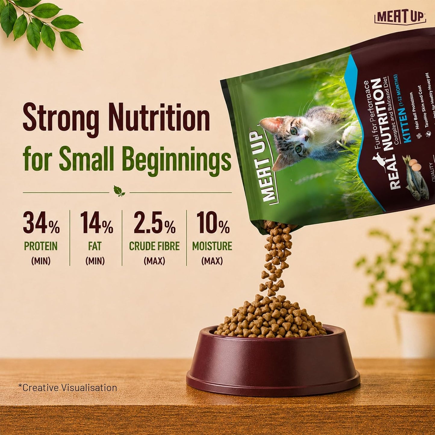 Meat Up Kitten Dry Cat Food (Up to 12 Months) 1.2kg Pack | Ocean Fish Flavour | Complete Nutrition | Taurine for Heart