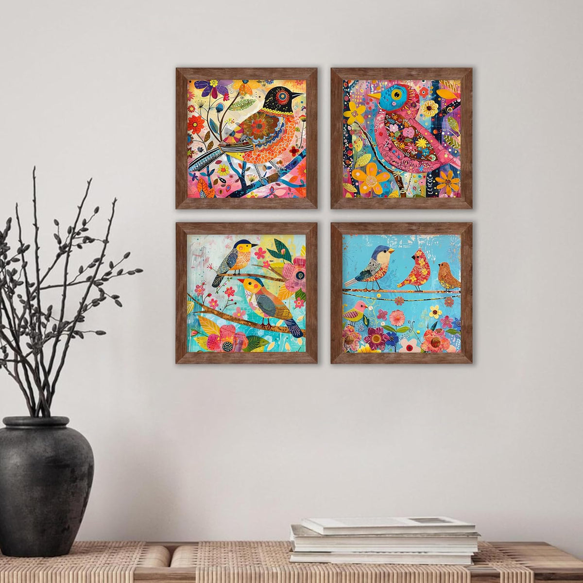Multicolor Birds Wall Art Painting for living room, birds floral Framed painting, set of 4, 9x9 Inch